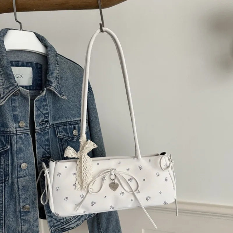 Floral Print Shoulder Bag with Lace Bow & Heart Charm