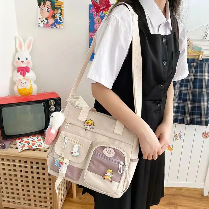 Kawaii Nylon Canvas Crossbody Shoulder Bag with Cute Charm
