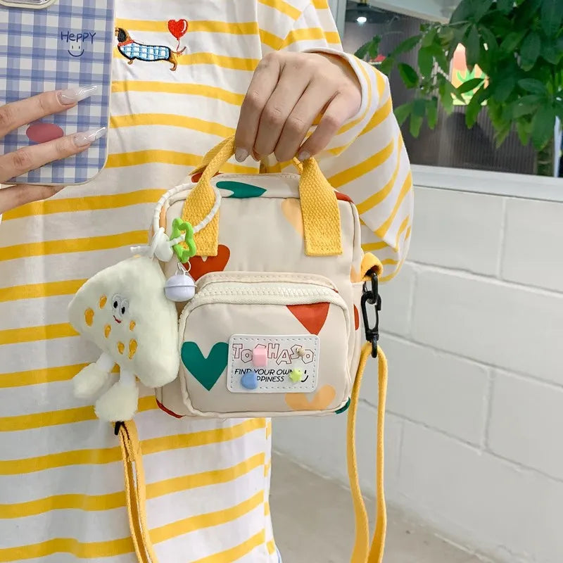 Cute Plush Charm Mini Crossbody Bag Two Tone Canvas Shoulder Purse Adjustable Strap Cartoon Handbag