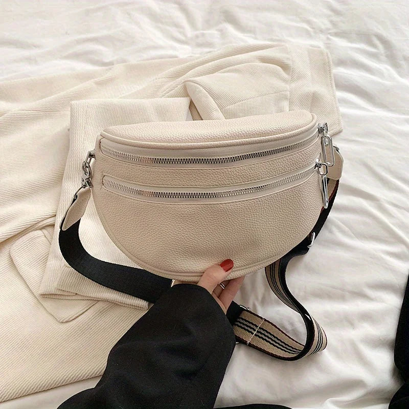 Double Zipper Fanny Pack Daily Commuting Wide Shoulder Strap Leather Bag