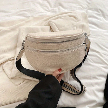 Double Zipper Fanny Pack Daily Commuting Wide Shoulder Strap Leather Bag