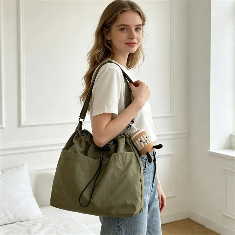 Nylon Drawstring Hobo Shoulder Bag Women Large Capacity Crossbody