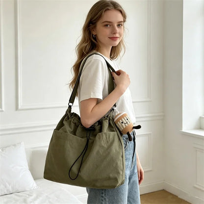Nylon Drawstring Hobo Shoulder Bag Women Large Capacity Crossbody