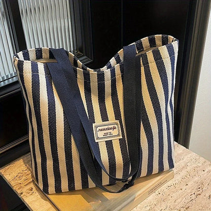 Striped Canvas Tote Bag – Large Capacity Shoulder Bag for Women