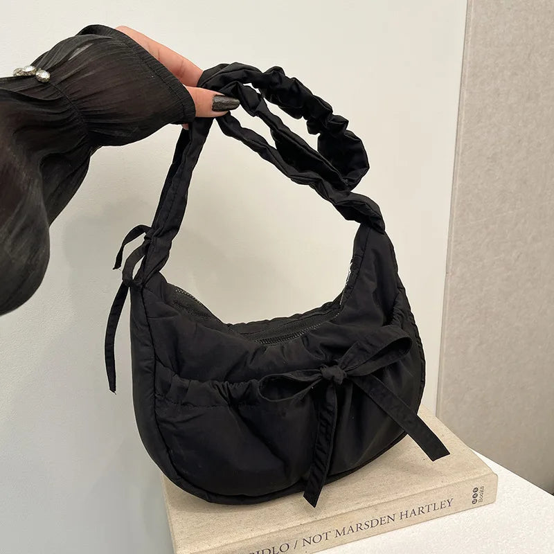 Padded Noodle Tote Bag – Bow Drawstring Ruched Shoulder Purse