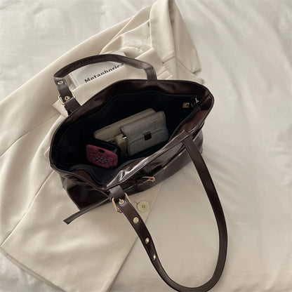 Trendy Simple Women Shoulder Bag Solid Color Soft Pu Leather Tote Large Capacity Handbag Commute