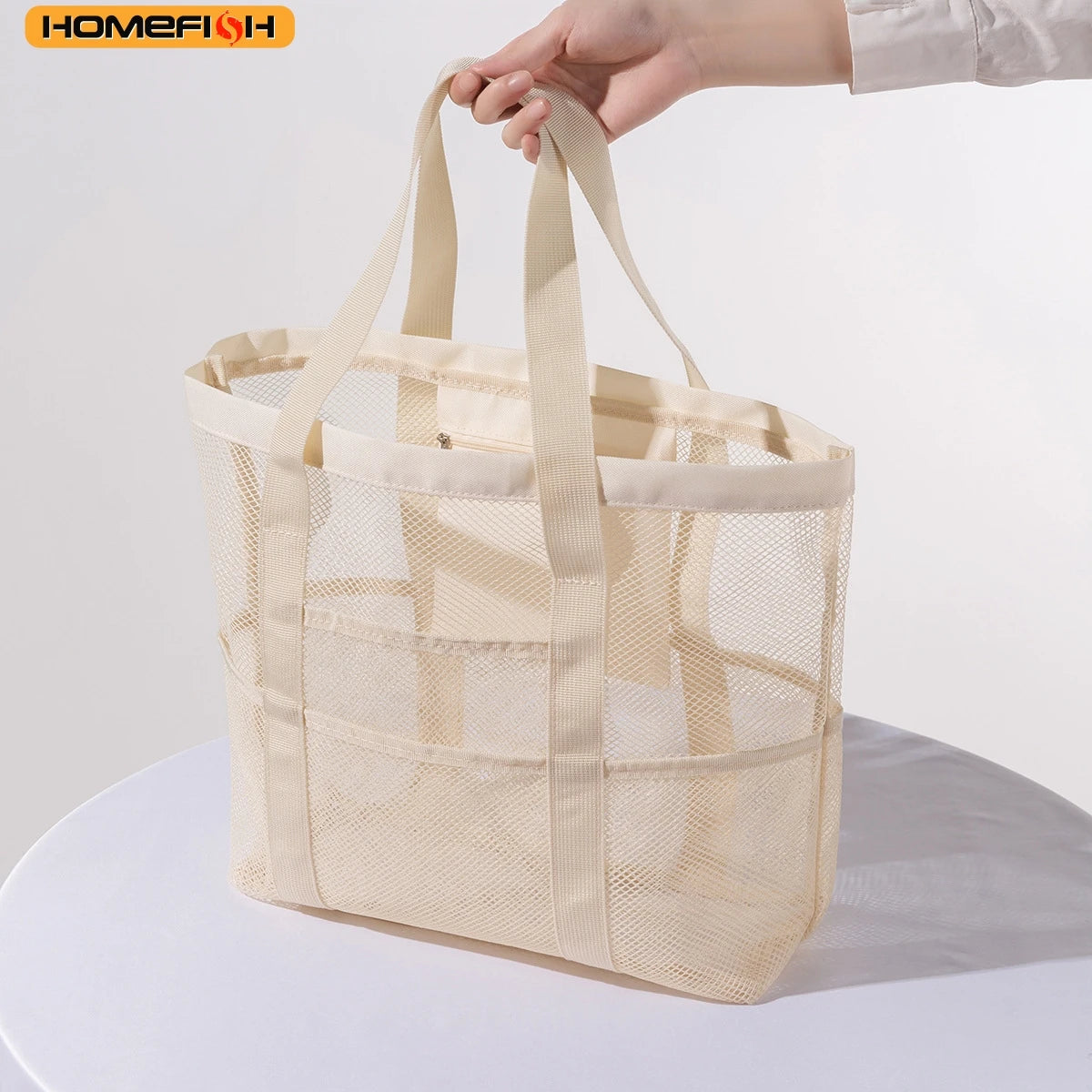 Homefish Durable Mesh Beach Tote Bag Multipocket Waterproof Beach Bag Underwear Pocket Summer Towels