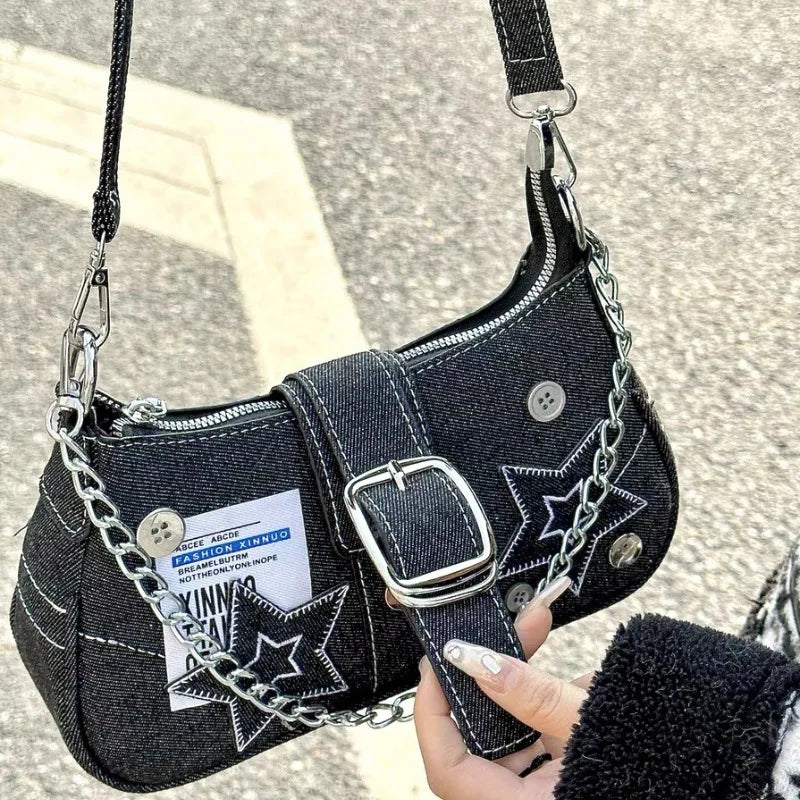 Y2K Star Denim Shoulder Bag – Vintage Canvas Underarm Purse