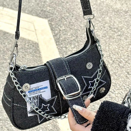 Y2K Star Denim Shoulder Bag – Vintage Canvas Underarm Purse