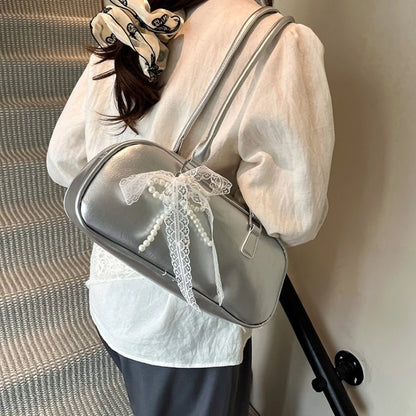 Patent Leather Shoulder Bag with Detachable Pearl Bow Lace Charm
