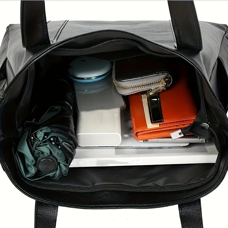 Large PU Leather Tote Bag with Zipper & Double Handles