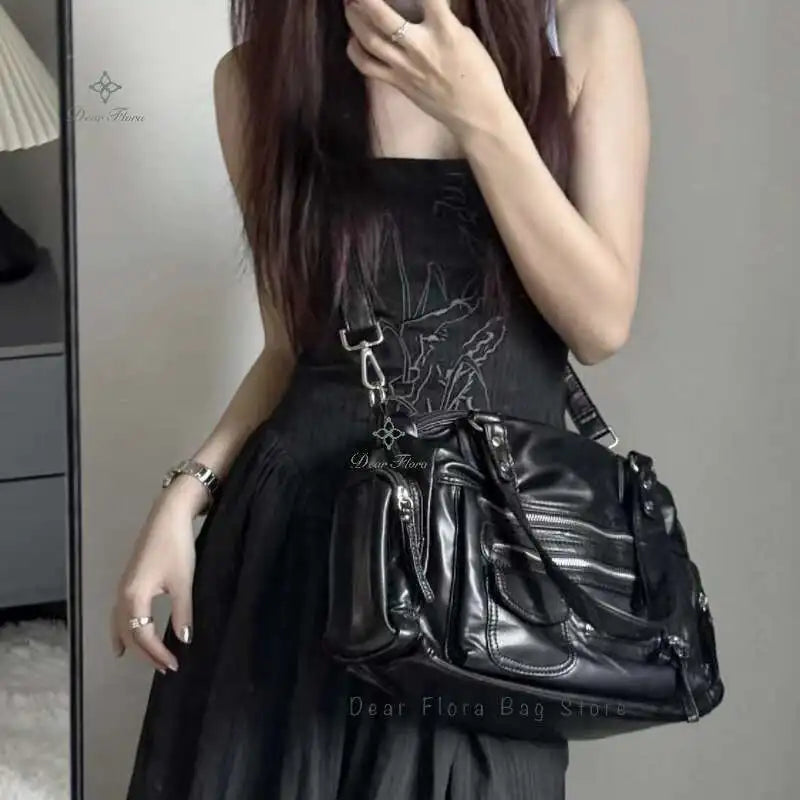 Y2K Gothic Crossbody Bag – Women's Black PU Leather Shoulder Bag