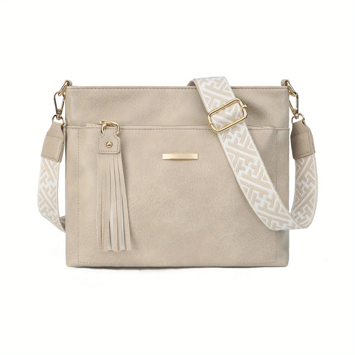 Textured Crossbody Bag – Faux Leather Shoulder Bag with Patterned Strap & Tassel Detail