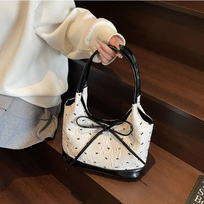 Cute Pink Bow Tote Bag Contrast Handbag Shoulder Large Capacity Soft Fabric Daily Shopping Casual