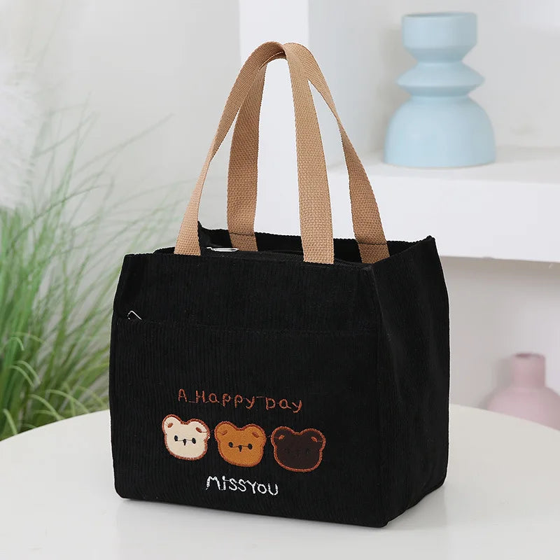 Corduroy Embroidered Bear Tote Bag Stylish Cosmetic Storage Handbag