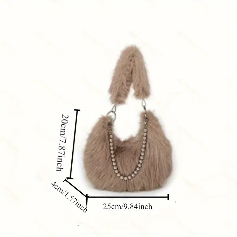 Luxurious Faux Fur Shoulder Bag - Chic Trendy Underarm Purse Pearl Chain Strap