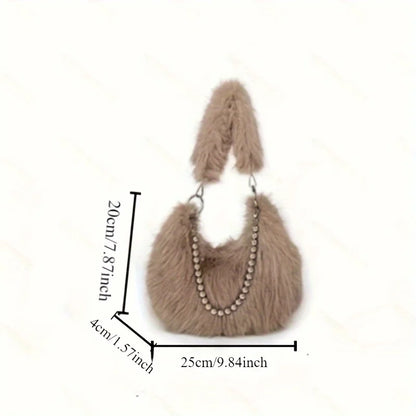 Luxurious Faux Fur Shoulder Bag - Chic Trendy Underarm Purse Pearl Chain Strap