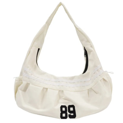 Sporty Nylon Shoulder Bag – Retro Stripe Number 89 Hobo Tote for Women