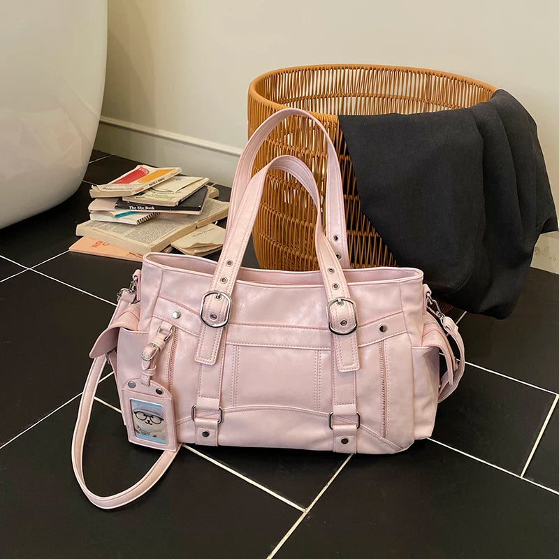 Commute Y2k Women Tote Bag Soft Pu Leather Metal Shoulder Large Capacity Multi Pocket Handbag