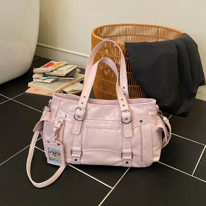 Commute Y2k Women Tote Bag Soft Pu Leather Metal Shoulder Large Capacity Multi Pocket Handbag