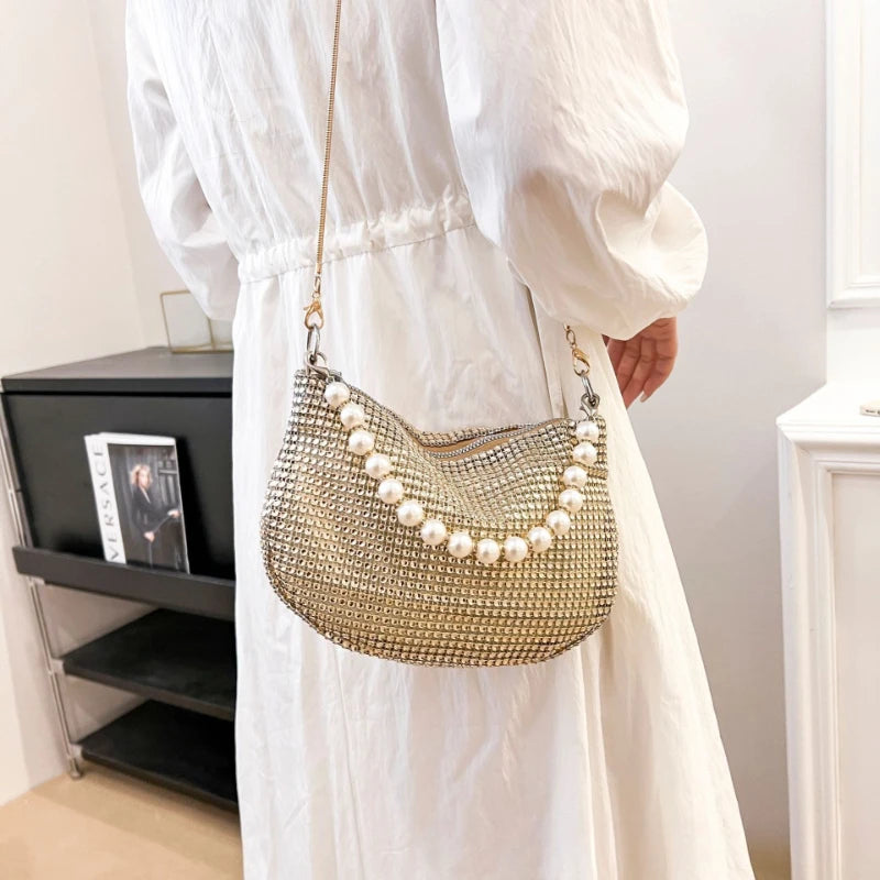 Glitter Silver Clutch Pearl Women Handbag Detachable Chain Crossbody Bags Wedding Prom Party Formal