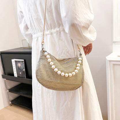 Glitter Silver Clutch Pearl Women Handbag Detachable Chain Crossbody Bags Wedding Prom Party Formal