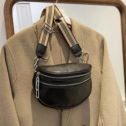 Double Zipper Fanny Pack Daily Commuting Wide Shoulder Strap Leather Bag