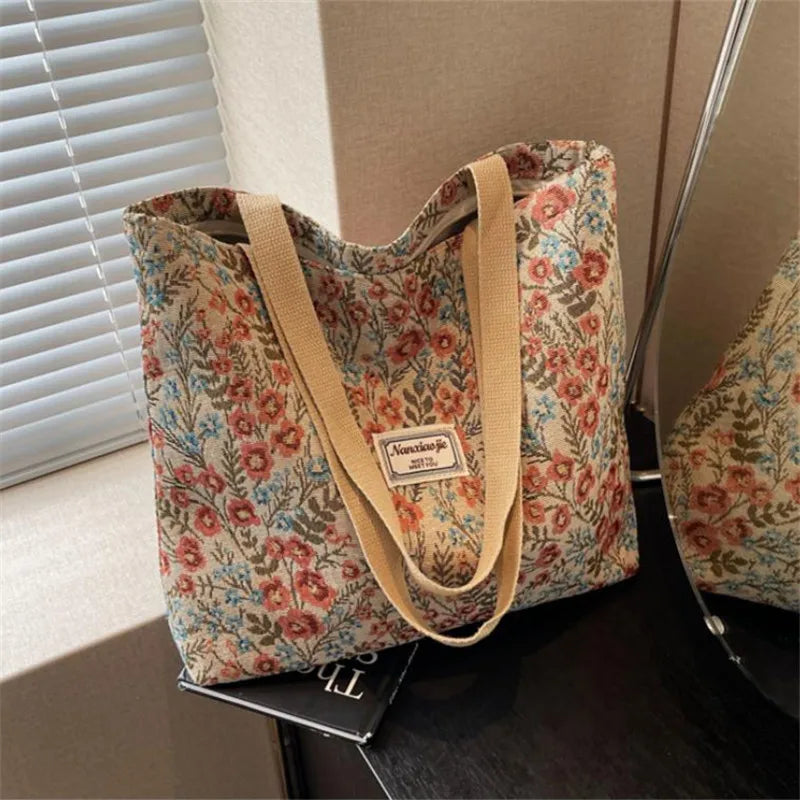 Floral Canvas Tote Bag with Blossom Pattern