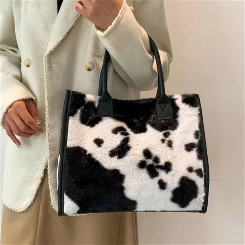 Plush Tote Bag Women's Fuzzy Handbag with Leather Trim