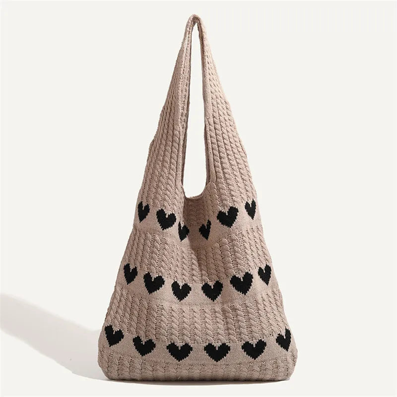 Knitted Love Pattern Tote Bag Stylish Woven Handbag Shoulder Bag Women Party Work
