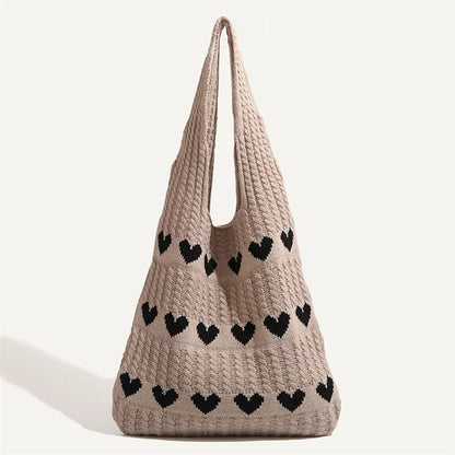 Knitted Love Pattern Tote Bag Stylish Woven Handbag Shoulder Bag Women Party Work