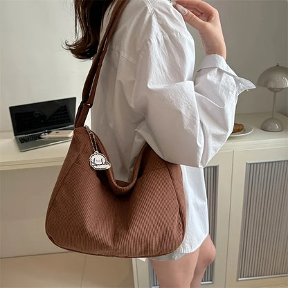 Corduroy Tote Bag for Women – Large Capacity Striped Shoulder Bag