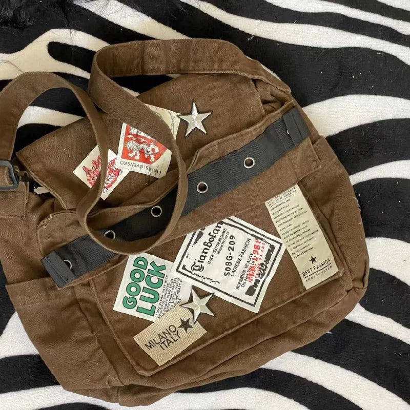 Y2K Canvas Messenger Bag – Punk Patchwork Star Crossbody Bag