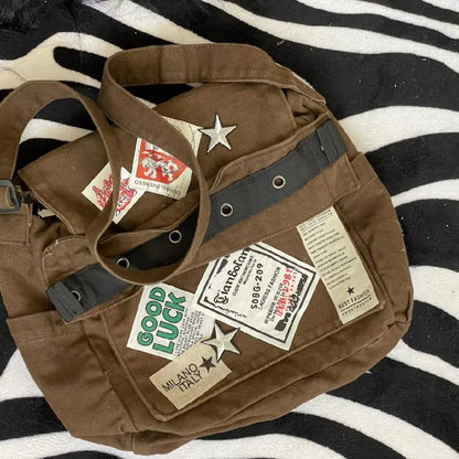Y2K Canvas Messenger Bag – Punk Patchwork Star Crossbody Bag