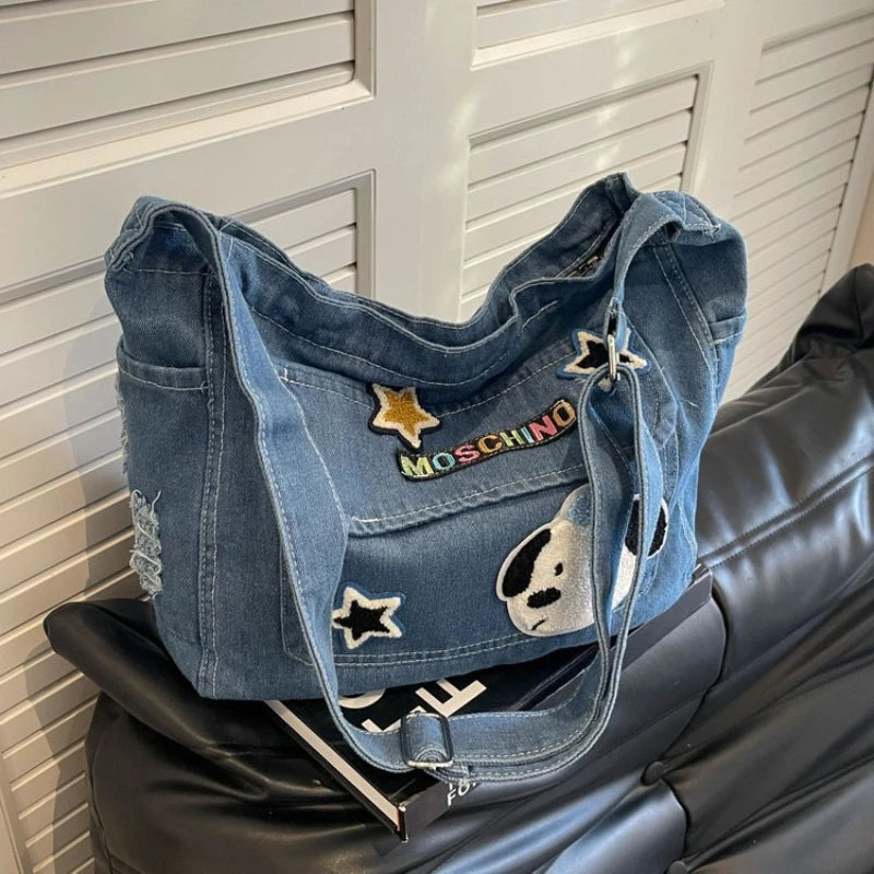 Cartoon Embroidered Denim Tote Bag – Crossbody Shoulder Bag