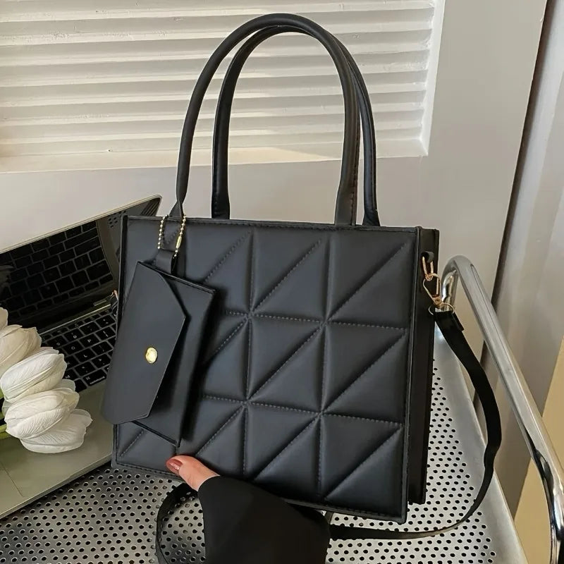 Quilted Tote Bag with Detachable Pouch & Crossbody Strap