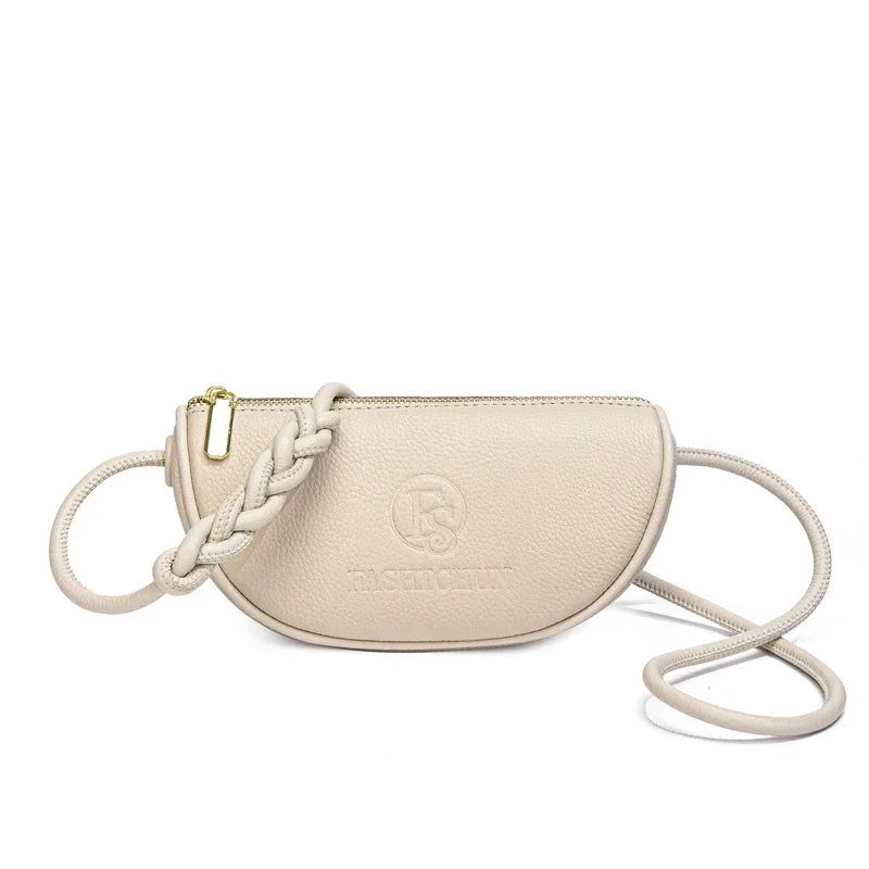 Leather Crescent Crossbody Mini Shoulder Bag – Braided Strap Daily Commute Bag
