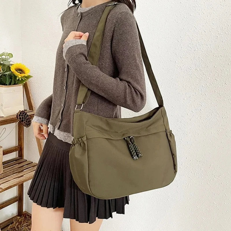 Minimalist Large Capacity Tote Bag Casual Multi Pocket Shoulder Bag Braided Drawstring Crossbody