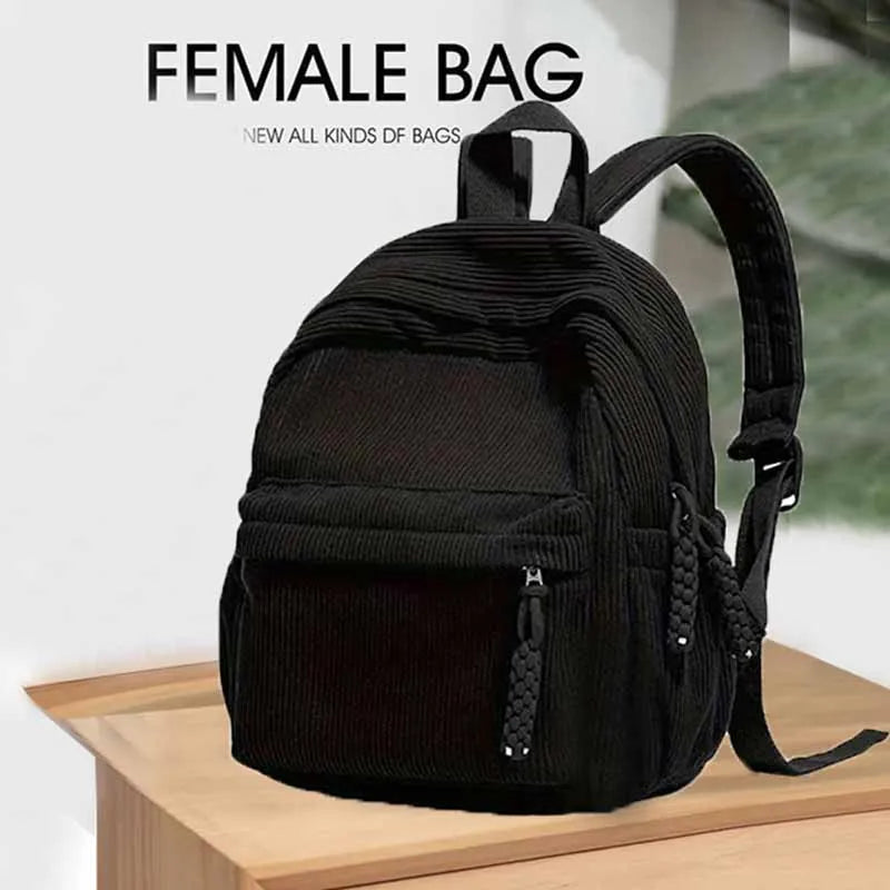 Daily Soft Corduroy Small Backpack Drawstring Decor Design - Soft