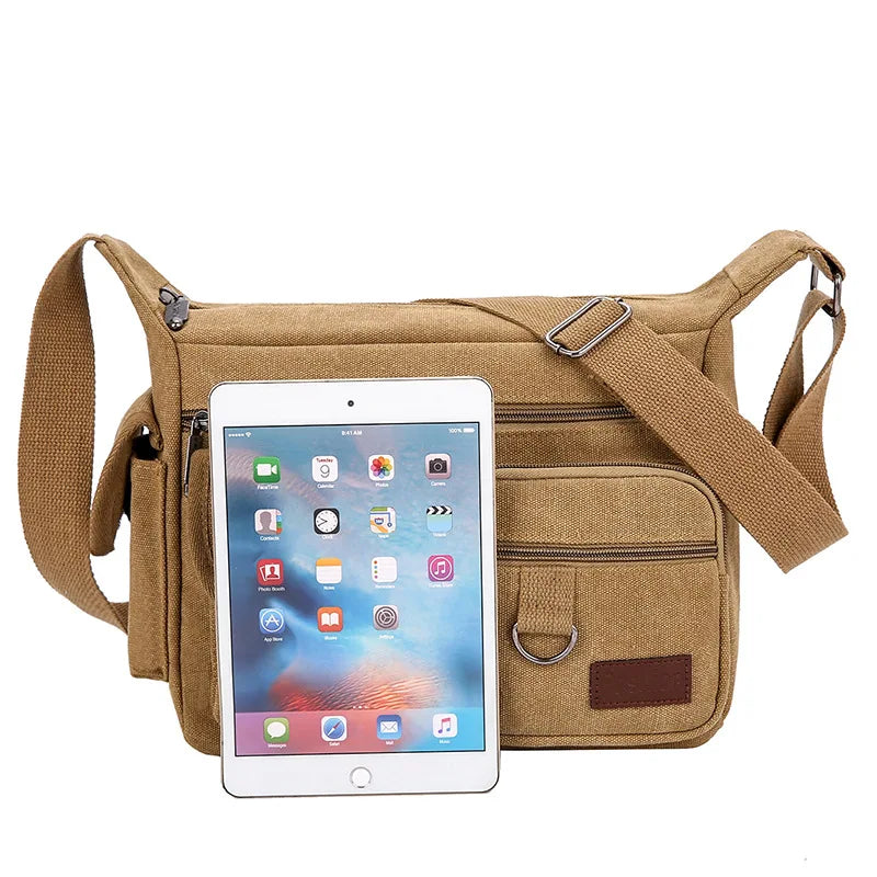 Men's Vintage Canvas Crossbody Bag – Multi-Pocket Messenger Shoulder Bag