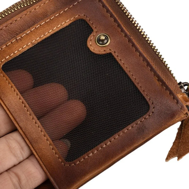 Genuine Leather Coin Pocket Card Holder Retro Double-Zipper Men S Wallet