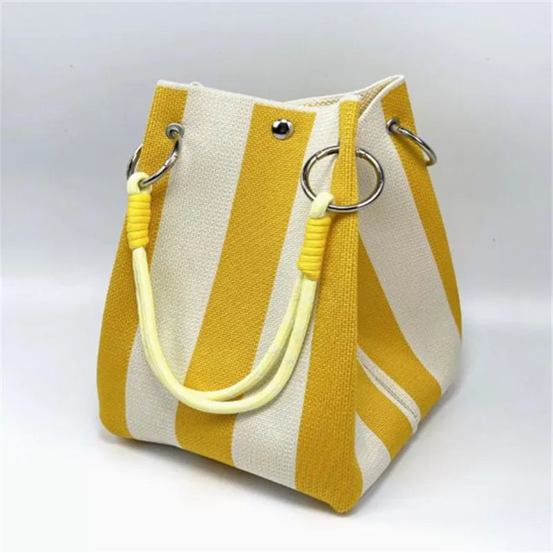 Women's Multicolor Bucket Bag – Striped Tote with Rope Handle