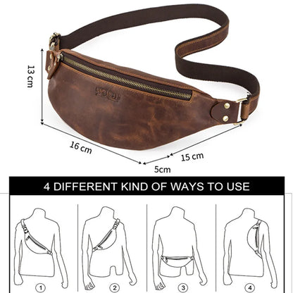 Retro Crazy Horse Cowhide Men S Waist Bag Large Capacity Mobile Phone Storage - Waterproof