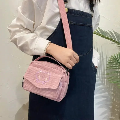 Teddy Bear Embroidered Corduroy Crossbody Bag for Teens