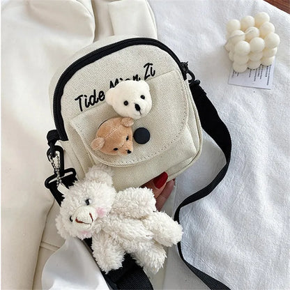 Canvas Crossbody Phone Bag with Cute Bear Plush Pins