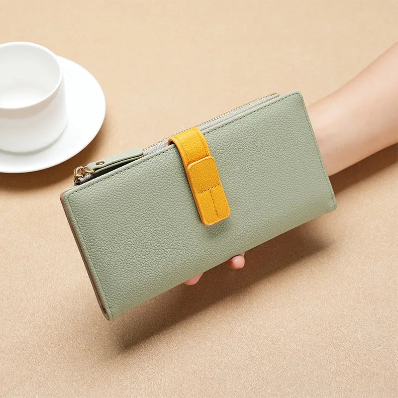 Purse Long Women S Drawband Color Contrast Money Clip Mobile Phone Storage Hold Stylish Zipper Card