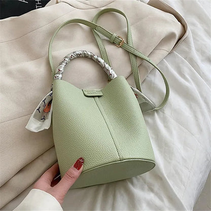 Elegant Bucket Handbag Shoulder Bag Silk Scarf Fashionable Faux Leather Tote Crossbody Bags Women S