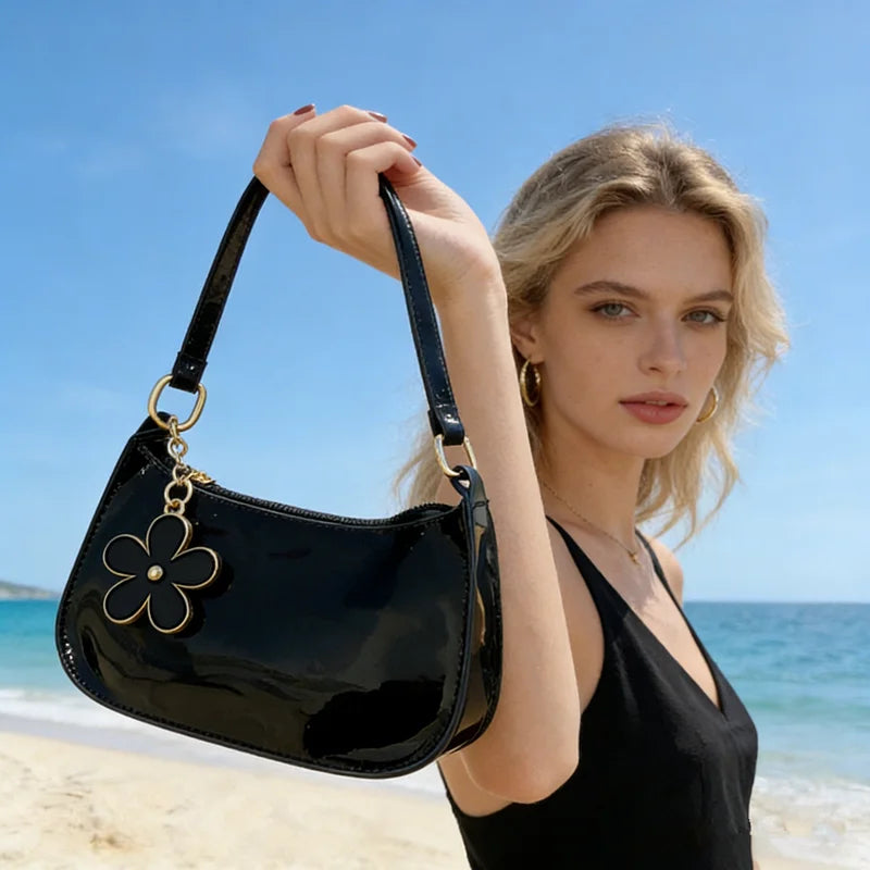 Glossy Patent Leather Shoulder Bag with Floral Keychain