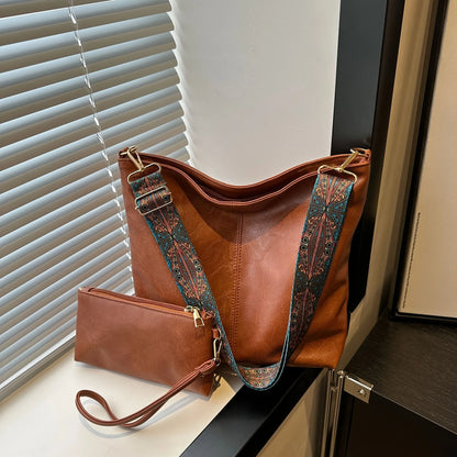 Retro PU Leather Bucket Tote Bag Set with Boho Wide Strap