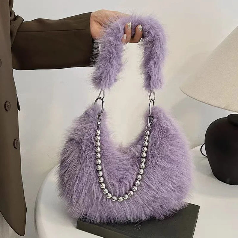 Luxurious Faux Fur Shoulder Bag - Chic Trendy Underarm Purse Pearl Chain Strap